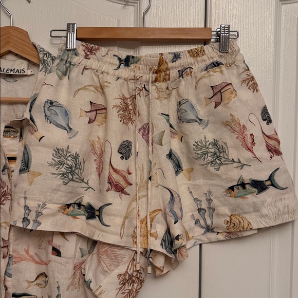 Alemais Top And Short Bottom Set Fish Sea Life Ocean Print Linen Button Down - Picture 7 of 15